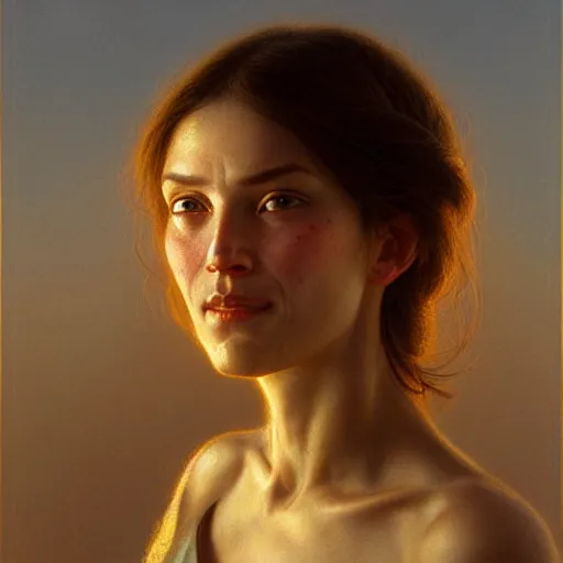 Image similar to Facial portrait of a cute shy woman, looking away from the camera, slight awkward smile, lips slightly parted, no hands visible,, intricate, extremely detailed painting by Henry Justice Ford and by Greg Rutkowski and by Moebius, golden hour