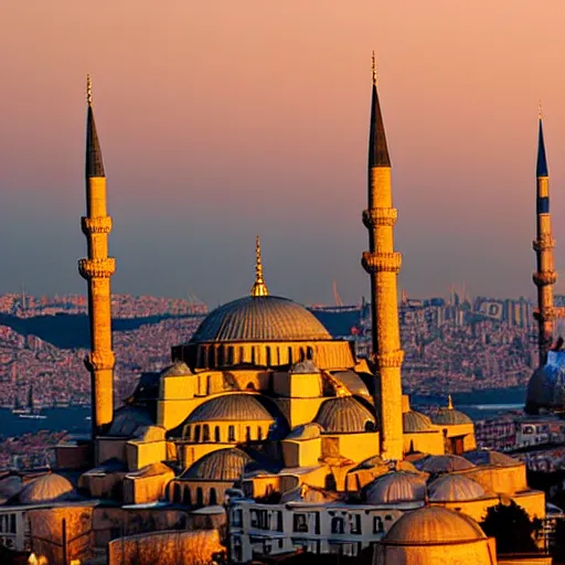 Prompt: skyline of istanbul at sunset with mosque in foreground