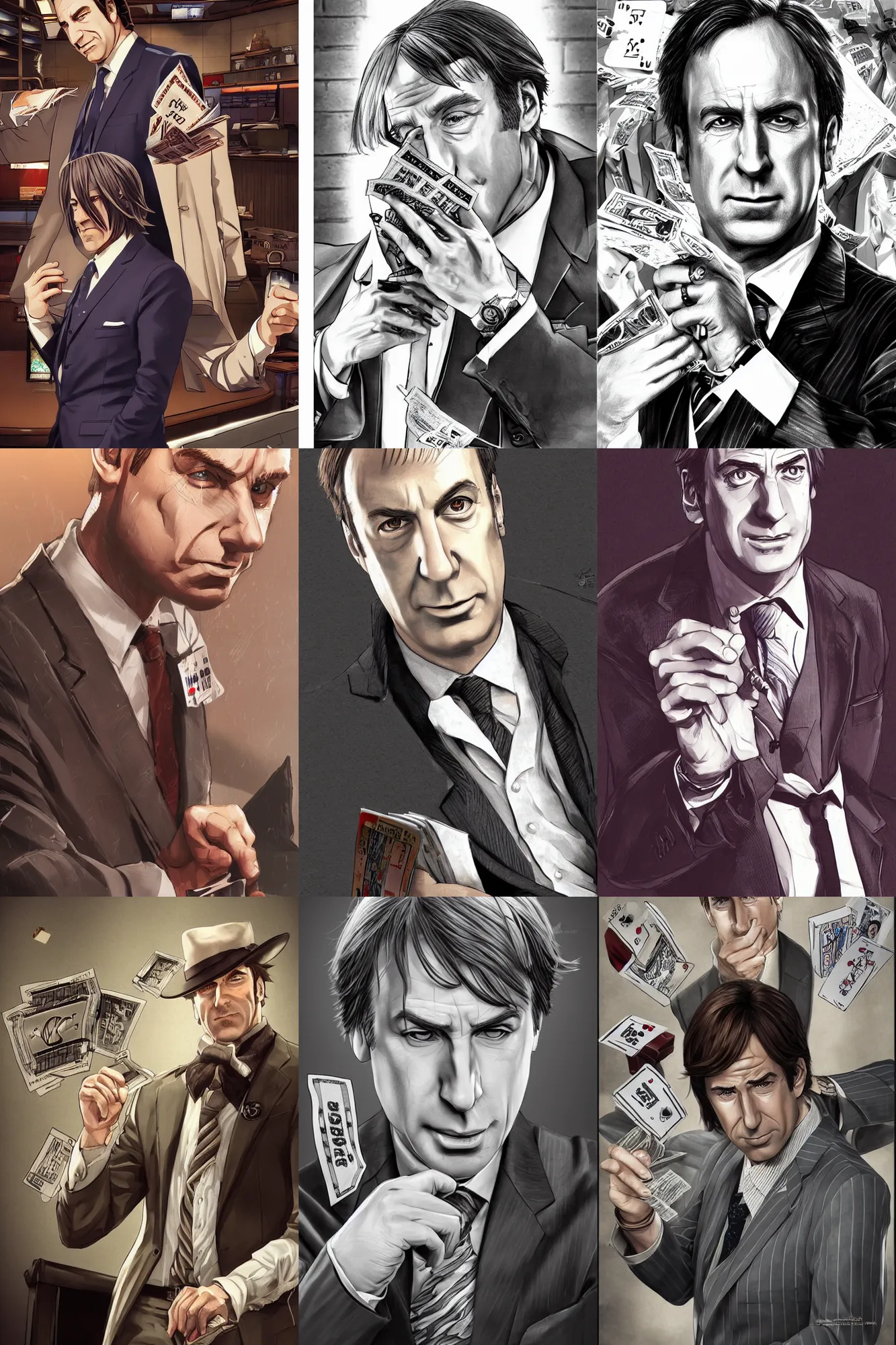 Prompt: beautiful and highly detailed professional semi - realistic illustration of saul goodman as a gambler in a seinen manga, smooth, artstation