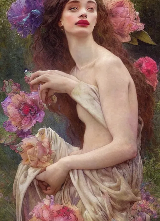 Image similar to a realistic oil painting of a beautiful young woman resembling winnie harlow, flowing robes, silk dress, peonies, crystal encrustations, underwater, fantasy art, by mucha, by bouguereau, intricate, colorful