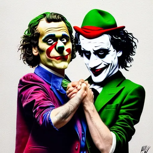 Image similar to ilya yefimovich repin and mimmo rottela and banksy as joaquin phoenix skinny joker, holding hand, lady gaga harley queen, ultra photorealistic, intricate details, pop art style, concept art, confident posse, random object details, 2 colours, warm color, 4 k, ultra smooth, sharp focus