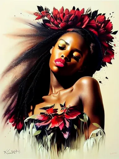 Image similar to portrait of a gorgeous black woman with a floral background : : painted by artgerm, karol bak, artur bordalo, sandra chevrier : : portrait, character, illustration, hyperrealism, photorealism