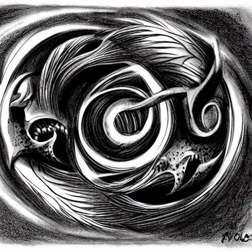 Image similar to one cat biting it's tail, Ouroboros, circle 0f life, tattoo design, designed by Iain McCaig