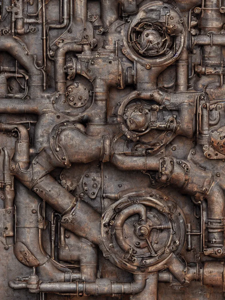 Image similar to relief sculpture carving in rusted steel of machine guns, industrial pipes, valves, steam, dramatic lighting, hyperrealistic, ultrarealistic, intricate details, 4k