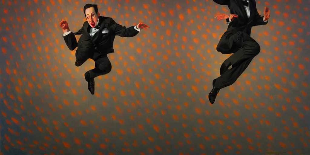 Image similar to Portrait of pee-wee herman leaping to the side, highly detailed, digital painting, artstation, concept art, illustration, dramatic lighting, art by donato giancola