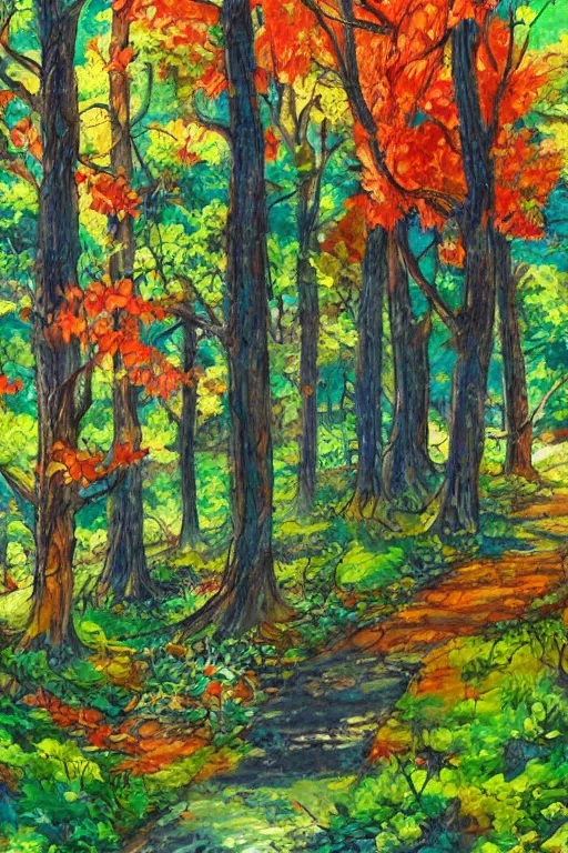 Prompt: a detailed painting in the style of anime of a colorful forest