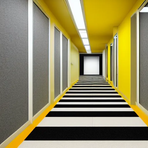 Image similar to liminal abandoned office hallways with walls and carpeting with a monochromatic tone of pale yellow, fluorescent lights, pale yellow walls, pale yellow carpet flooring, european office