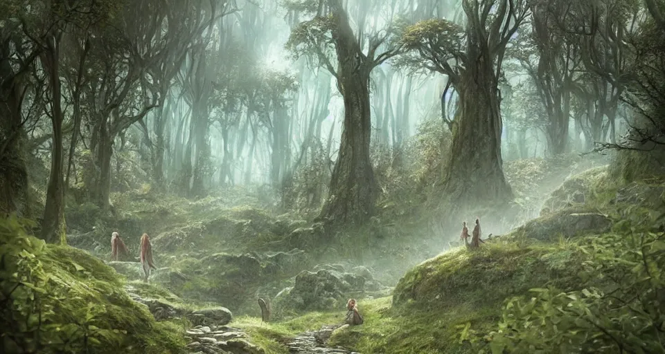 Prompt: Beautiful uplifting glade bg. Elven stone monuments along the pathway. Mysterious stone monuments. J.R.R. Tolkien's Middle-Earth. Trending on Artstation. Digital illustration. Artwork by Darek Zabrocki and Sylvain Sarrailh. Concept art, Concept Design, Illustration, Marketing Illustration, 3ds Max, Blender, Keyshot, Unreal Engine, ZBrush, 3DCoat, World Machine, SpeedTree, 3D Modelling, Digital Painting, Matte Painting, Character Design, Environment Design, Game Design, After Effects, Maya, Photoshop.
