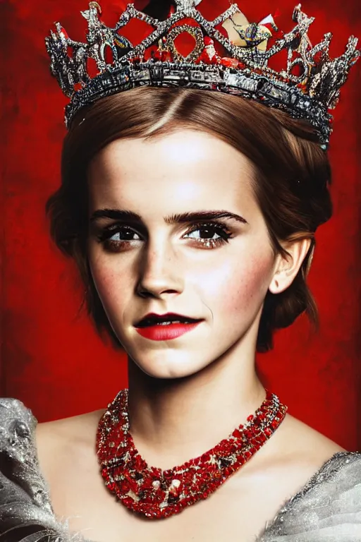 Prompt: head shot portrait of beautiful emma watson as a queen in a vivienne westwood dress with shiny ruby ornaments, glitter make up, painted by uang guangjian and gil elvgren and sachin ten, highly detailed artwork