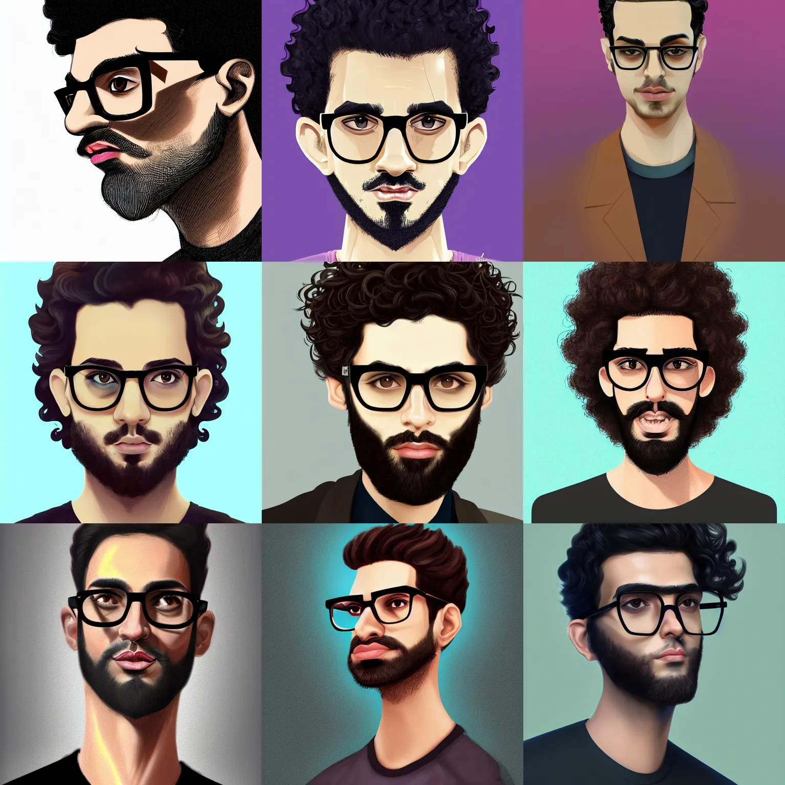 Prompt: A curly-haired persian skinny guy wearing square black glasses and no beard, muted colors, matte print, pastel colors, 2d, ultra highly detailed, smooth, sharp focus, digital art, digital painting, fan art, elegant, artstation, head is centered