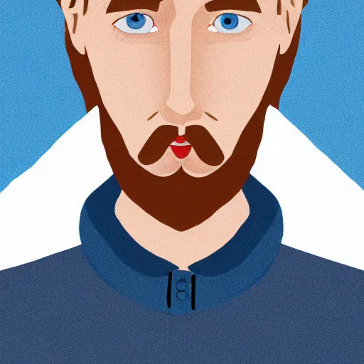 Image similar to A gangly british man, with short blond hair and short blond beard wearing a blue jacket and brown turtleneck , blue eyes, pale skin, English heritage, digital art, cartoon, mid-shot, 8k