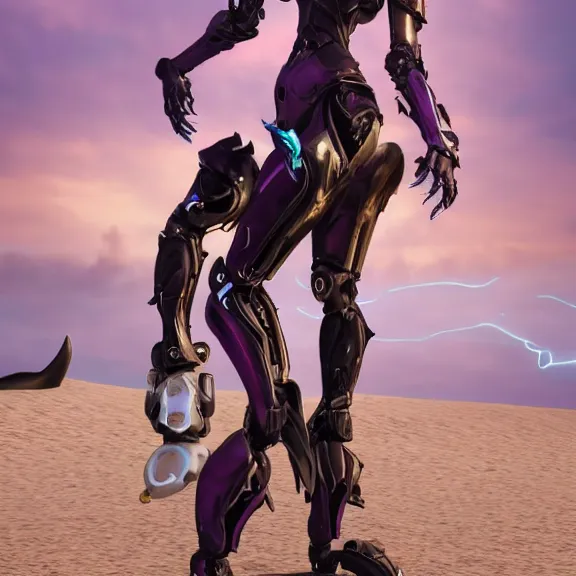 Image similar to cinematic close up full body shot of a beautiful stunning saryn prime warframe, that's a beautiful stunning anthropomorphic robot female dragon with metal cat ears, cute elegant pose, standing on teh beach at sunset, robot cat paws for feet, thick warframe legs, detailed arms, sharp claws, slick pink armor, streamlined white armor, long elegant tail attached to her back end, two arms, two legs, detailed warframe fanart, destiny fanart, macro art, dragon art, furry art, realistic digital art, warframe art, Destiny art, furaffinity, DeviantArt, artstation, 3D realistic, 8k HD, octane render