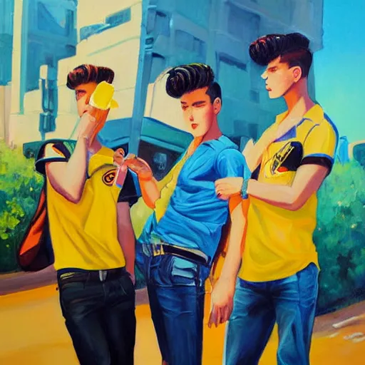 Image similar to a painting of three male teenagers with rockabilly haircuts holding yellow ice pops and looking at women in the streets high details by ross tran