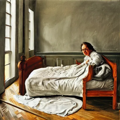 Prompt: lucian freud painting of ema stone on a victorian bed in a big old room, wide shot