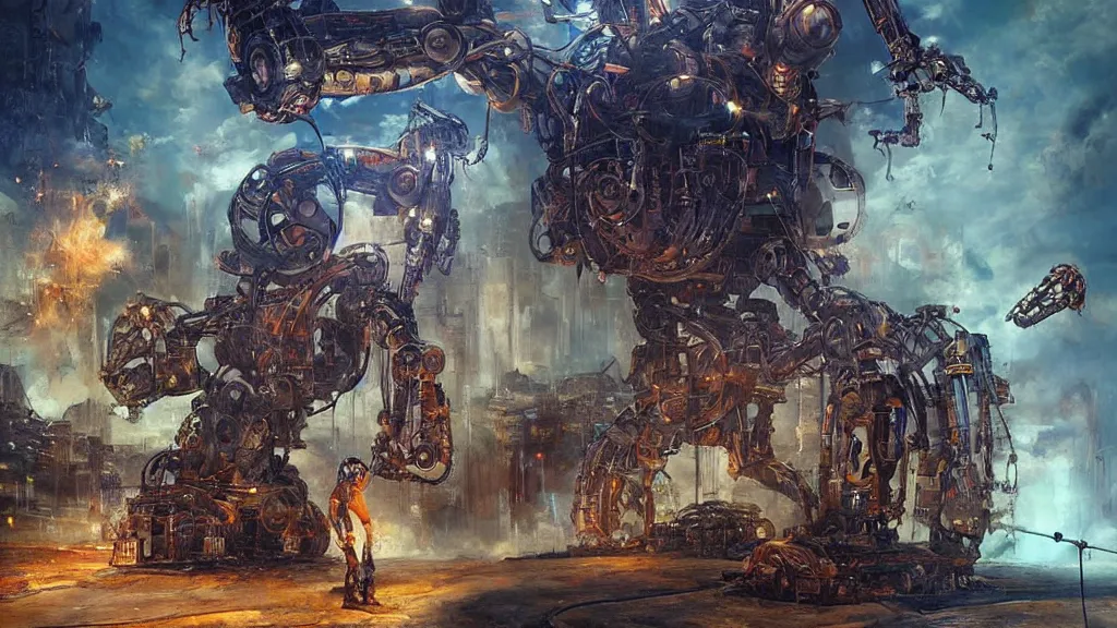 Prompt: “An artist trying to eradicate an AI robot” Realistic, vibrant digital art” The Artist has a giant paintbrush in his hand and is trying to destroy the AI robot who has paint splotches on him. Hyper Detailed, Matte painting, amazing background, Jim Burns, H.R. Giger, Frank Frazetta,