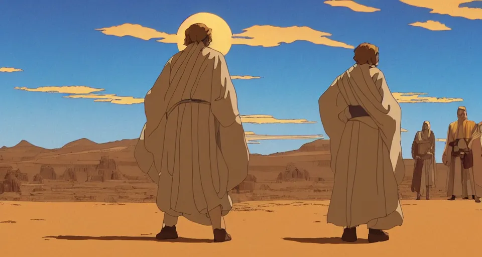 Image similar to beautiful wide shot tatooine landscape obi wan kenobi,Luke skywalker, Star Wars a new hope 1977, studio ghibli, Miyazaki, studio ghibli, Jean girard, Moebius , animation, golden hour, highly detailed, 70mm