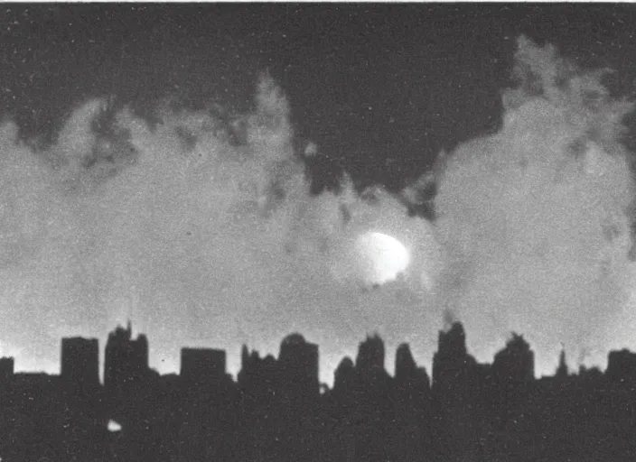 Image similar to vintage photo still of the moon!!!! exploding!!!! exploding moon moon explosion fragments on one side moon explosion over new york city in the 1 9 2 0 s, black and white, weathered, edge vignette