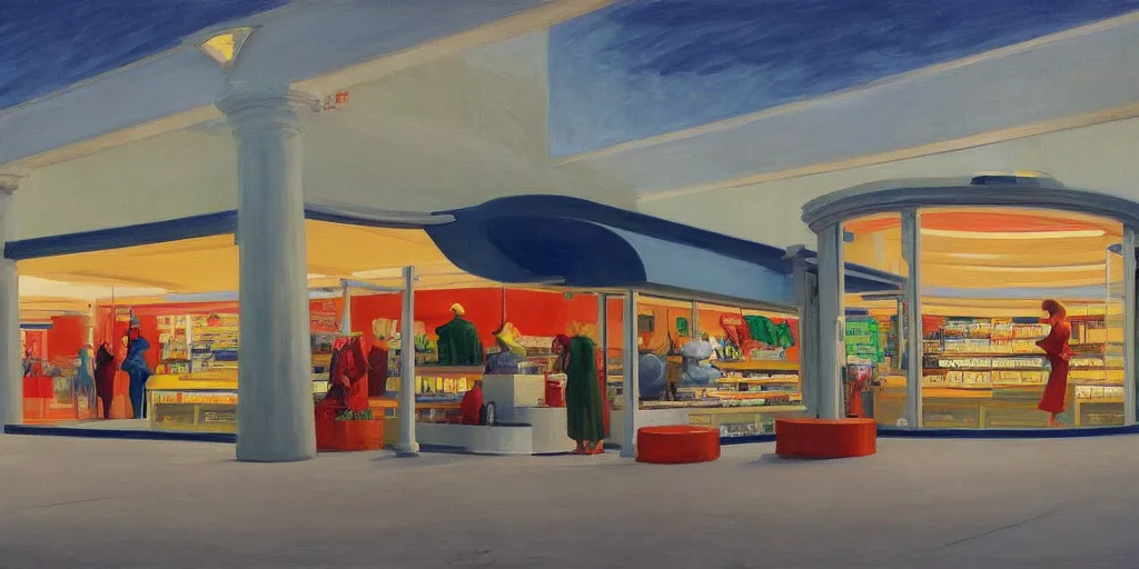 Image similar to a beautiful painting of a store inside of a futuristic airport by Edward Hopper, 8k, 4k