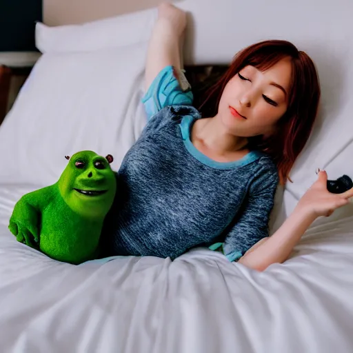 Prompt: Cute anime girl laying on bed with a Shrek toy, XF IQ4, f/1.4, ISO 200, 1/160s, 8K, RAW, unedited, symmetrical balance, in-frame