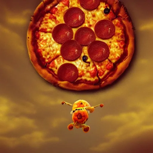 Image similar to A pepperoni pizza floating as a fribee thru the sky, high detail digital art, artstation