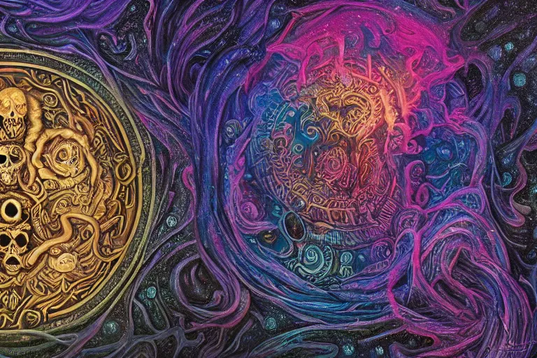 Image similar to a intricate mandala of skulls and flesh with deep and intricate rune carvings and twisting lovecraftian tentacles emerging from a space nebula by dan mumford, twirling smoke trails, a twisting vortex of dying galaxies, collapsing stars, digital art, photorealistic, vivid colors, highly detailed, intricate