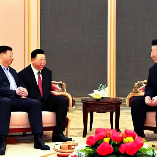 Image similar to chinese dwayne johnson and chinese elon musk chat with xi jinping.