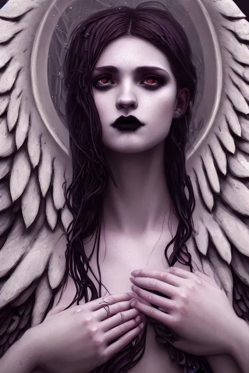 Prompt: beautiful very extreme closeup portrait, gothic girl, goth, vampire, birds, weeping angels, angel of grief, stone statues, beautiful woman body, unreal engine, greg rutkowski, loish, rhads, beeple, tom bagshaw, alphonse mucha, global illumination, detailed and intricate environment