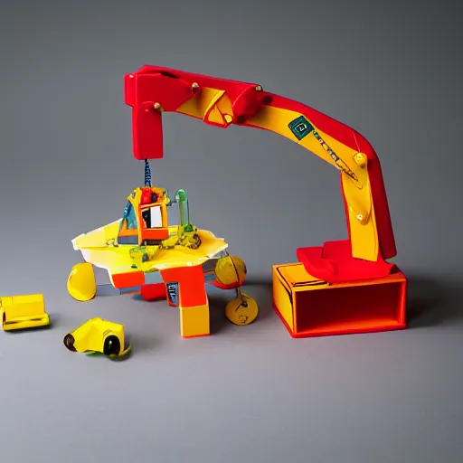 Image similar to photograph of a book being put together by a toy construction crew. Toy crane. white background, studio photography