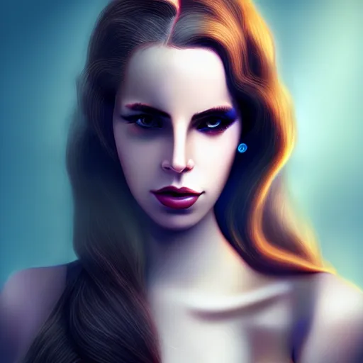 Prompt: young lady cyborg like lana del ray, bioorganic concept, beautiful face, full body, photorealistic
