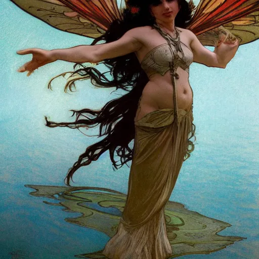 Image similar to Dark fantasy fairy flying over a lake, concept art, fantasy, award-winning art, 4k, sharp, dramatic lighting, cinematic, by Alphonse Mucha, James Gurney