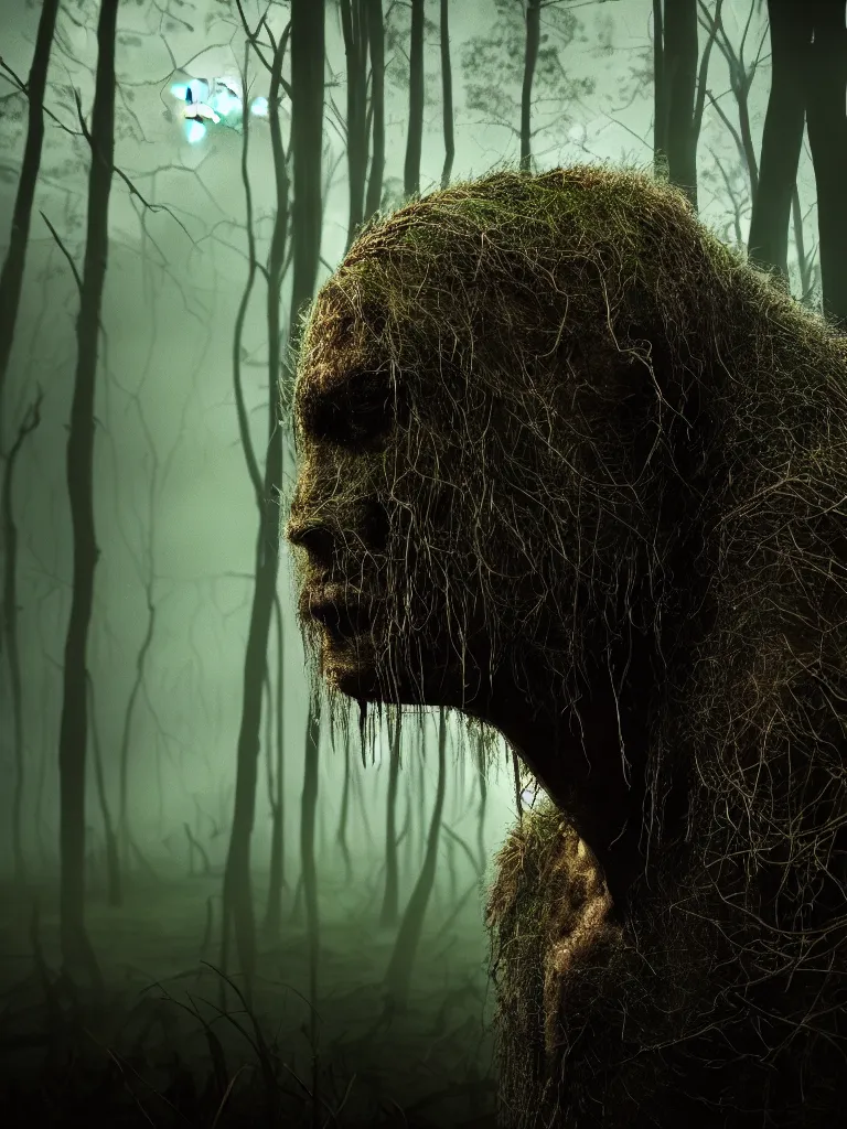 Prompt: a portrait of a swamp monster in a wooded bog at night, cinematic, wildlife photography, 4 k, moody lighting, volumetric light