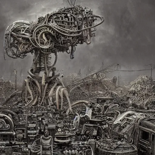 Prompt: a junkyard for cyborgsl, horror art by beksinski and szukalski and giger and and pyromallis and dzo and iris compiet and seb mckinnon and, technical drawing, blueprint, highly detailed, intricate, sharp focus, trending on artstation hq, deviantart, unreal engine 5, 4 k uhd image