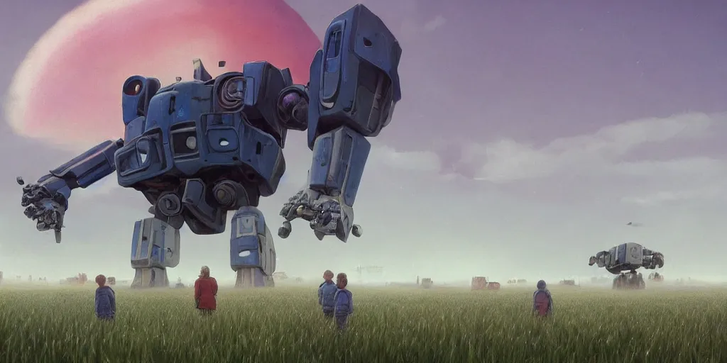 Image similar to giant mech stands over hay field by simon stalenhag, atmospheric haze, children in white jackets below look up, misty blue hour, sci fi digital painting, unreal engine 5, photorealism, hd quality, 8 k resolution, cinema 4 d, 3 d, cinematic, professional photography, art by artgerm and greg rutkowski and alphonse mucha and loish and wlop