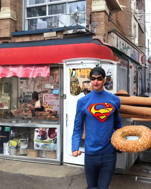 Prompt: bagel - man, the half - man half - bagel superhero