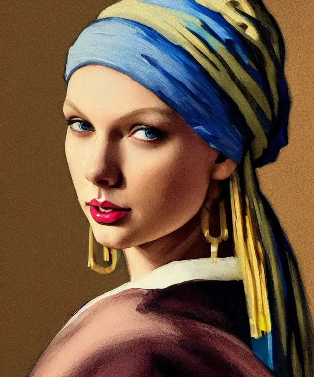 Image similar to Taylor Swift as the girl with the pearl earring, highly detailed, digital painting, artstation, concept art, smooth, sharp focus, illustration, ArtStation, art by artgerm and greg rutkowski and alphonse mucha and J. C. Leyendecker and Edmund Blair Leighton and Katsuhiro Otomo and Geof Darrow and Phil hale and Ashley wood and Ilya repin and Charlie Bowater