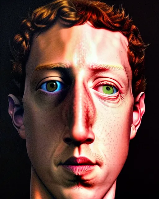 Image similar to colour caravaggio and denis villeneuve style hyperrealism photography portrait of highly detailed hyperralism mark zuckerberg reptilian wearing hyperrealism detailed solarpunk costume designed by alejandro jodorowsky and ridley scott. josan gonzalez. winkelmann, greg rutkowski, araki nobuyoshi