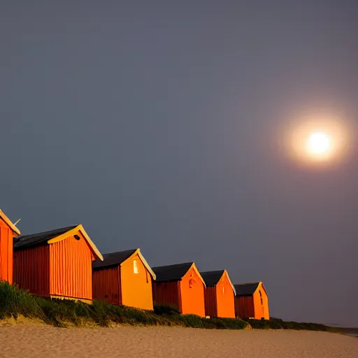 Prompt: there was a lovely orange super moon over the beach huts and the isle of wight, photo take by a professional landscape photographer
