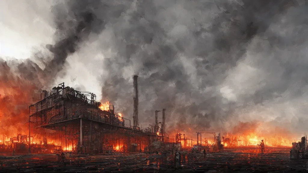 Prompt: view of industrial factory on fire with group of people, papyrus, watercolored, jakub rozalski, dark colours, dieselpunk, artstation