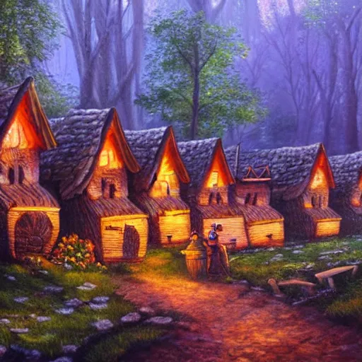 Prompt: village made of mushroom houses with doors and windows in enchanted forest landscape luminescent detailed oil painting 4 k