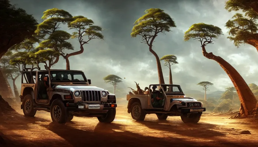 Prompt: mahindra thar driving through madagascar road with baobabs trees, animals running along, action scene, an epic fantasy, wide shot, artgerm, trending on artstation, masterpiece, by greg rutkowski, by ross tran, by fenghua zhong, octane, soft render, ultrarealistic, colorful, cinematic, shadow of the tomb rider