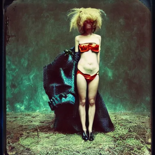 Image similar to kodak portra 4 0 0, wetplate, photo of a surreal artsy dream scene,, girl, weird fashion, grotesque, extravagant dress, carneval, animal, wtf, photographed by paolo roversi style