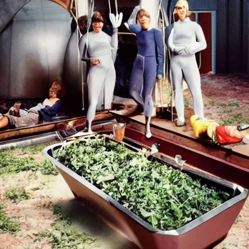 Image similar to humans on the floor eating out of a trough in an organic plant - based moonbase