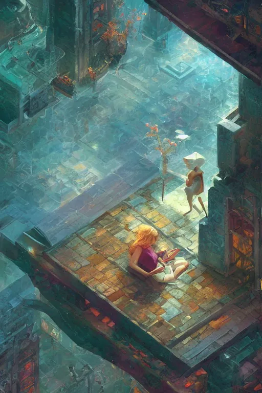 Prompt: isometric digital painting of a woman living her entire life on the surface of a giant cell phone very detailed, art fantasy by craig mullins, thomas kinkade