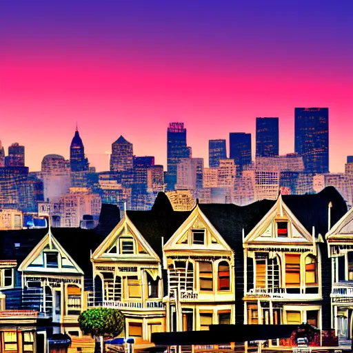 Image similar to a photograph of the painted ladies in san francisco at sunset with bokeh effect high definition