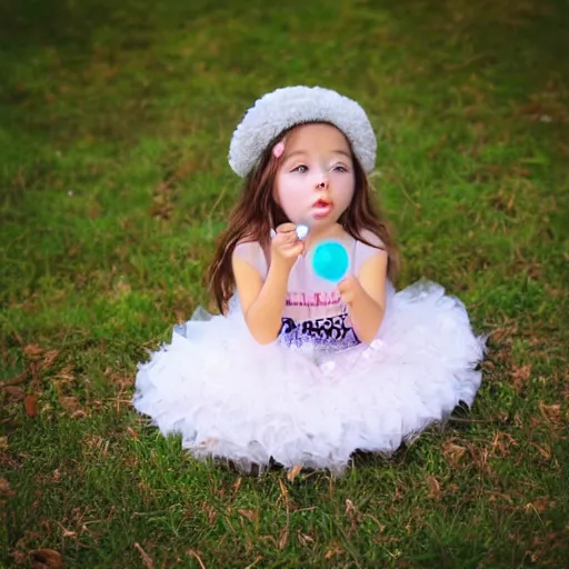 Prompt: Cute little girl, Blow bubbles