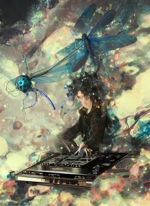 Image similar to surreal gouache painting, by yoshitaka amano, by ruan jia, by Conrad roset, by good smile company, detailed anime 3d render of a magical Dragonfly flying on a DJ Mixer, deck, mpc, portrait, cgsociety, artstation, rococo mechanical and electronic, dieselpunk atmosphere