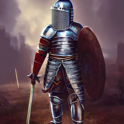 Image similar to Male knight in chainmail with big hammer, abandoned city, oil painted, shine, full HD, 8k render