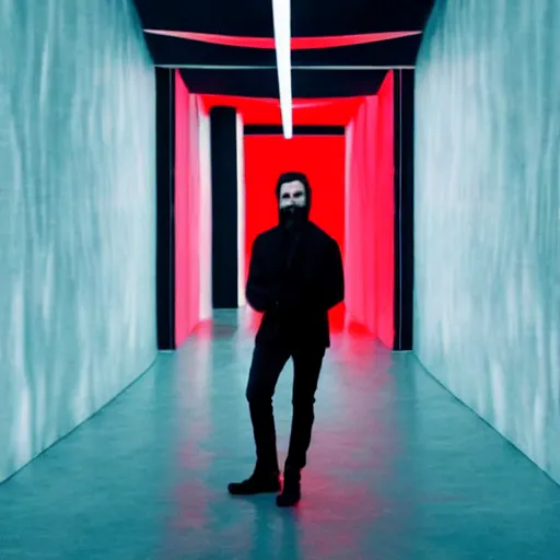 Prompt: a man with black hair and beard, wearing a black jacket, white shirt and blue jeans, standing in a room engulfed in red light, cinematic, bloom, breathtaking, illustration, realistic