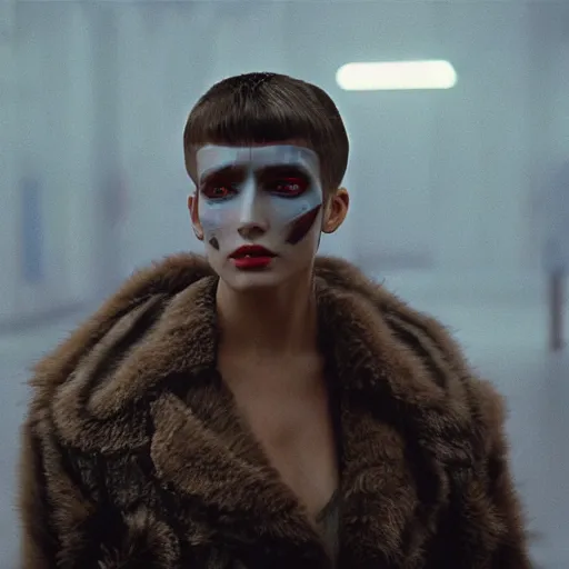 Image similar to cinematic portrait of a runaway replicant with tribal facepaint and a plastic raincoat in an empty room, still from the movie bladerunner, fashion photography