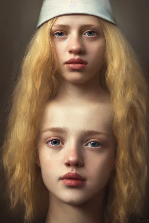 Prompt: a detailed realistic painting portrait of young luanne platter with blonde hair from king of the hill by alessio albi and rembrandt, in the style of rembrandt, photorealistic, vibrant colors, studio lighting, volumetric lighting, micro details